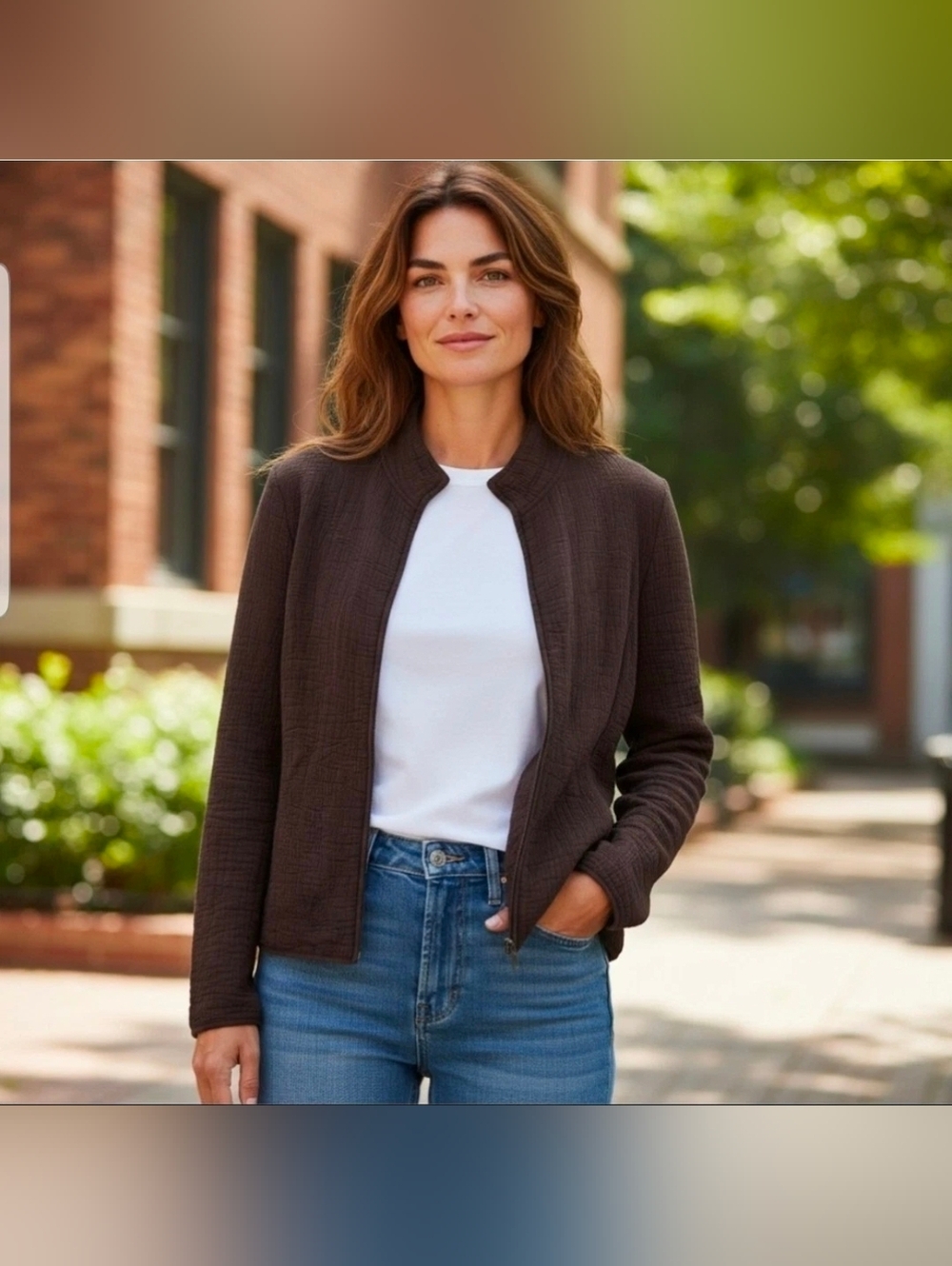 Eileen Fisher Women Textured Full Zip Jacket Mock Neck Rayon/Silk Chocolate Sz L